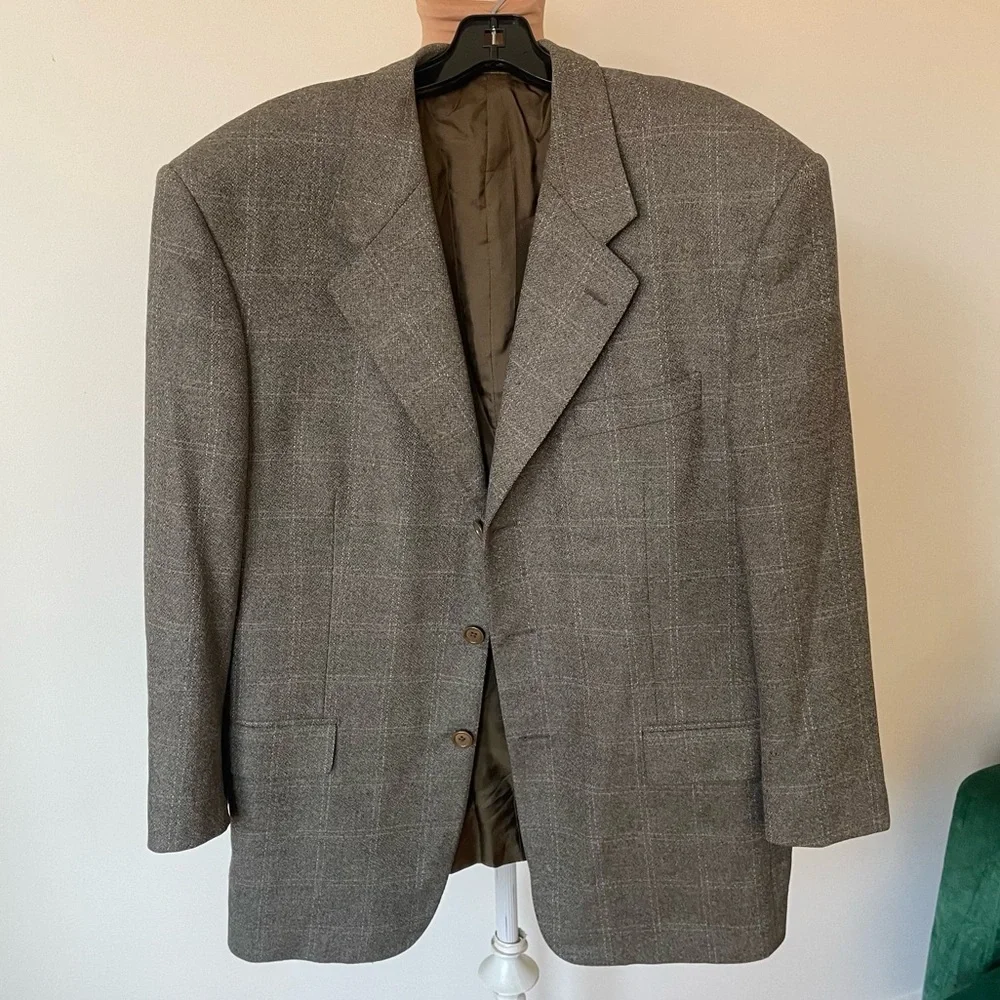 Ing. Loro Piana & C. Euromoda Wool Cashmere Gray Taupe Plaid Print Blazer Size M